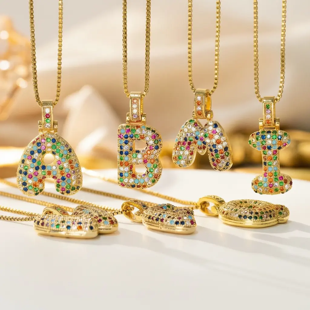 SIXFOX Color Bubble Letter Necklaces Customized initial necklace 14K Gold & Silver Zirconia 20-inch Chain necklaces for Women Fall Fashion Stackable Jewelry Gifts Waterproof Fashion Gift  Idea