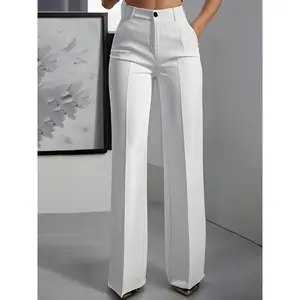 SCACTO Women's High-Waisted Straight Leg Pants - White, Non-Transparent Trousers, All-Season Everyday & Formal Wear, Minimalist Chic Office & Party Outfits, Smooth Womenswear Bottom Basic Style Suits Elegant Short work outfits women khaki pants