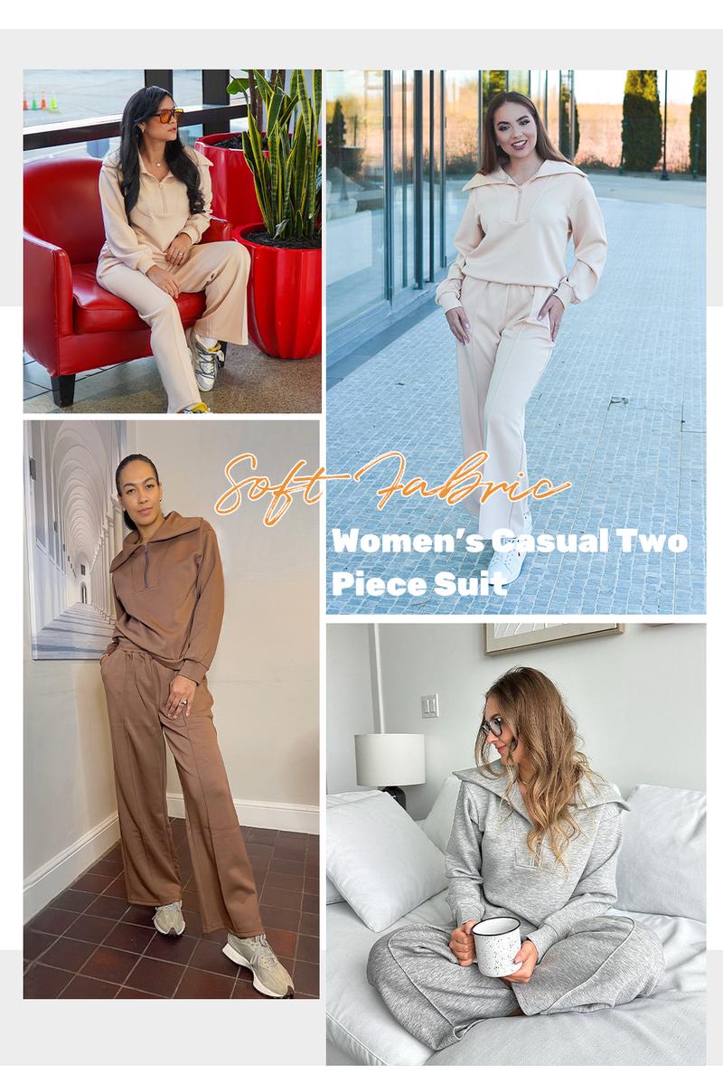 Aleumdr Women's Two-Piece Outfit Half-Zip Sweatshirt & Wide Leg Sweatpants Tracksuit for Autumn Sportswear Running Fitness Loungewear Set