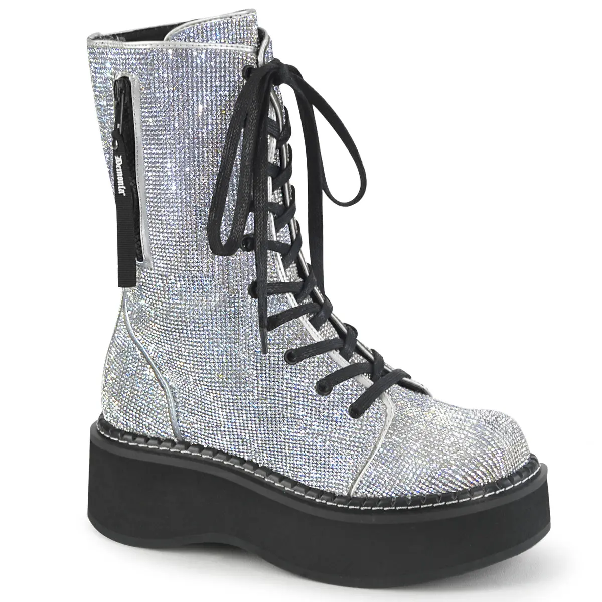 Demonia Emily-362 Silver Vegan Leather-Rhinstone Over-the-knee Boots