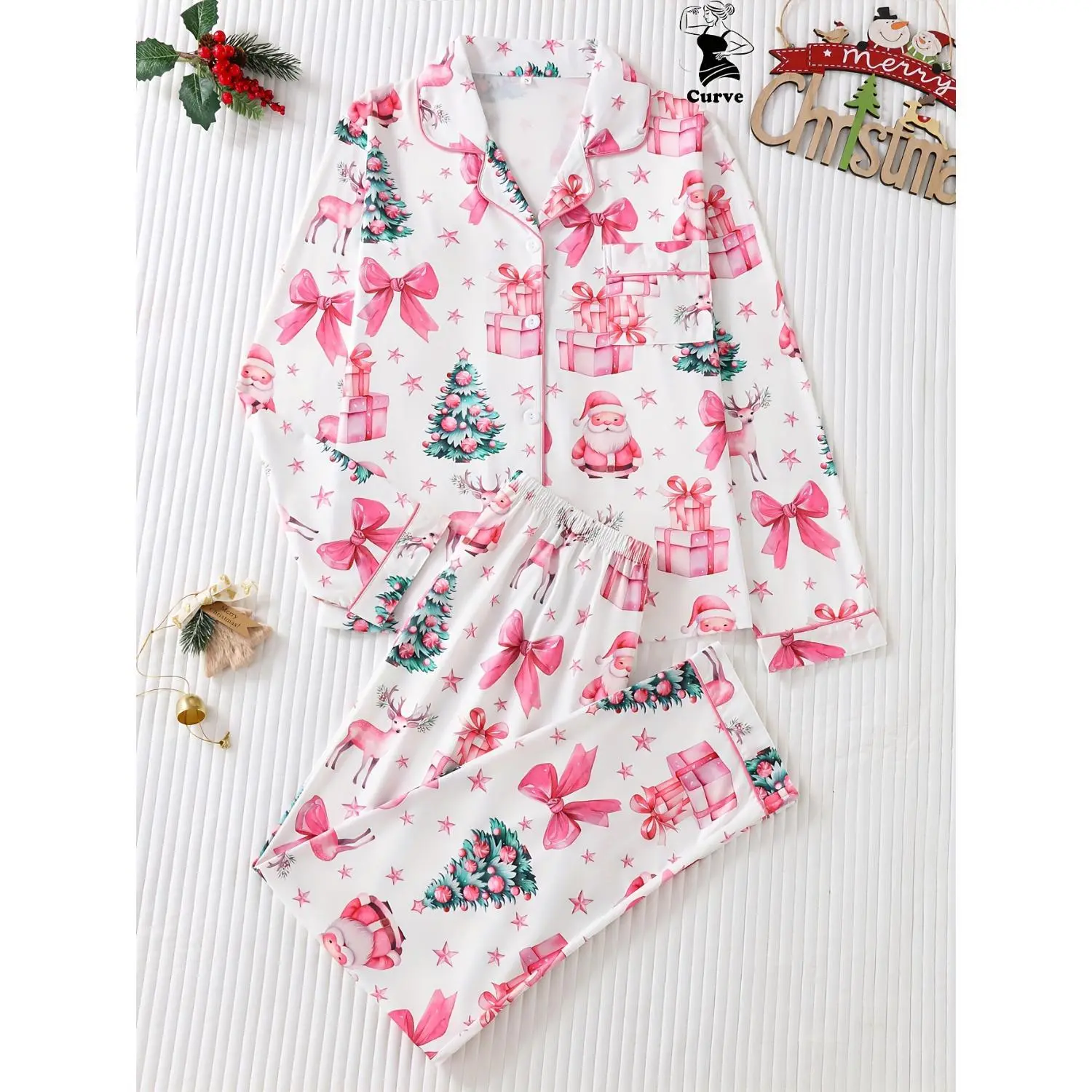 Plus Size Women's Pink Christmas Santa Reindeer Bow Pajamas 2pcs Set - Long Sleeve Button- Top with Pocket & Elastic Waist Pants, Soft Comfortable for Christmas Eve, Holiday Gifting & Winter Lounging, Trendy Plus Size Festive Pjs