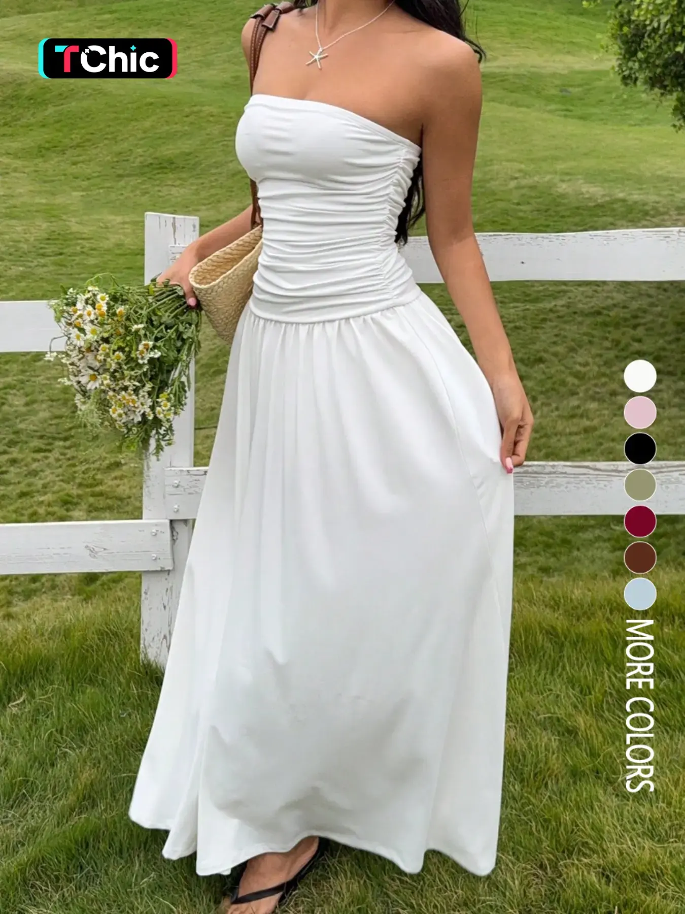 Women's Solid Color Strapless Ruched Chic Maxi Dress, Elegant Casual Long Summer Dress for Beach Vacations, Parties and Outings, Elegant Knit Dress