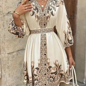 Women's Boho Floral Maxi Dress - Sexy Deep V-Neck Beach Wedding Guest gown, Stretchy Beige & Brown print sundress with Fitted Waist, Flowy party Everyday Dresses for Women, Dresses, Material Fabric Polyester Womenswear Embroidery