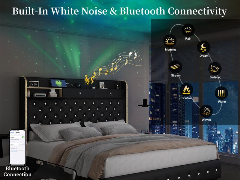 Sibeds Queen LED Bed Frame with Bookcase Storage Headboard, Galaxy Star Projector, 2 Storage Drawers, Noise-Free, Tall Tufted Headboard, No Box Spring Needed, PU Leather Black,Modern Design Home Interior Furniture