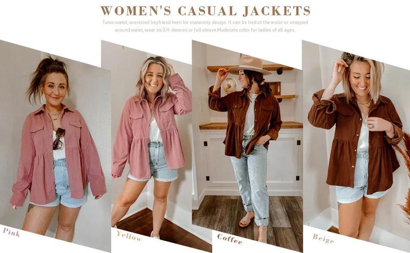 Imily Bela Womens Corduroy Shirts Casual Long Sleeve Button Down Blouses Tunic Babydoll Dress Loose Pocket Jacket Shackets