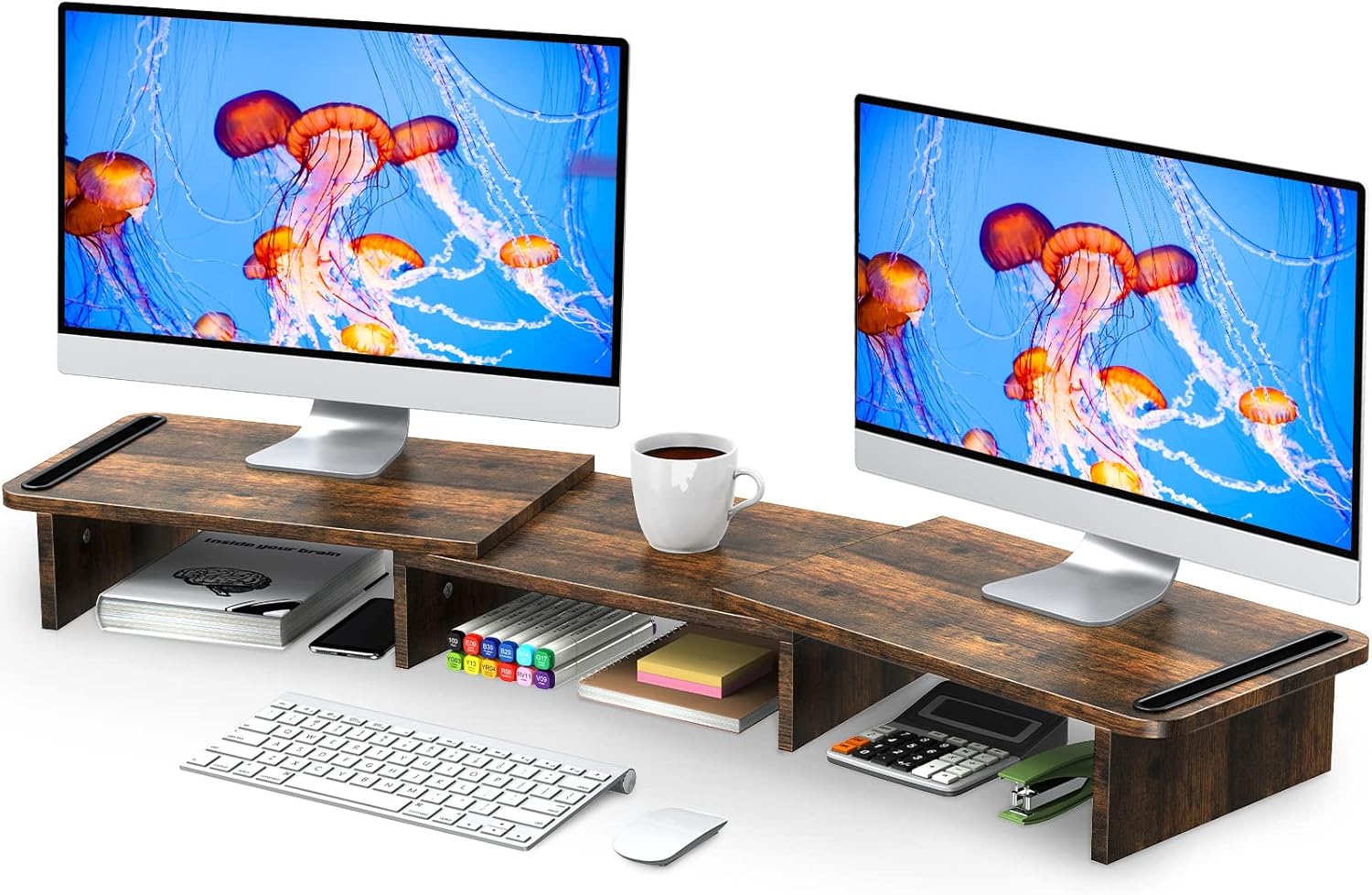 Wooden Dual Monitor Stand Riser with Adjustable Length and Angle for Desk Storage Space Rust Brown Ergonomic Home Office