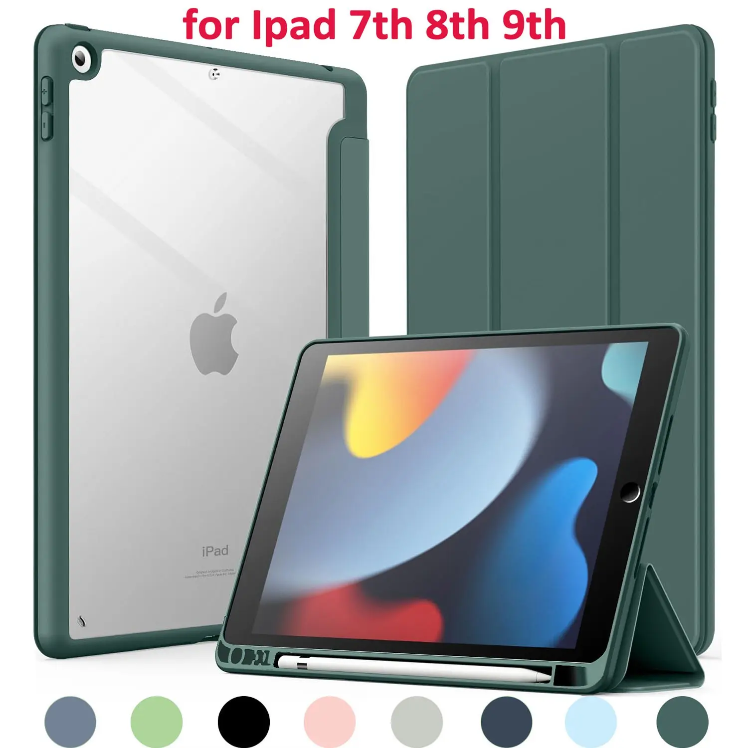 Case for iPad 10.2-Inch (7th/8th/9th Generation, 2019–2021), Slim Transparent Back Shockproof Tablet Protective Cover, Magnetic Tablet Casing with Pencil Holder and Auto Wake/Sleep, Tablet Covers
