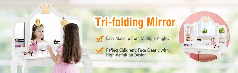 Costzon 2 in 1 Vanity Set for little Princess, Pretend Beauty Dressing Play Toy Gift w/Tri-Folding Detachable Mirror Storage Drawer Costzon 2 in 1 Vanity Set for little Princess, Pretend Beauty Dressing Play Toy Gift w/Tri-Folding Detachable Mirror Storage Drawer