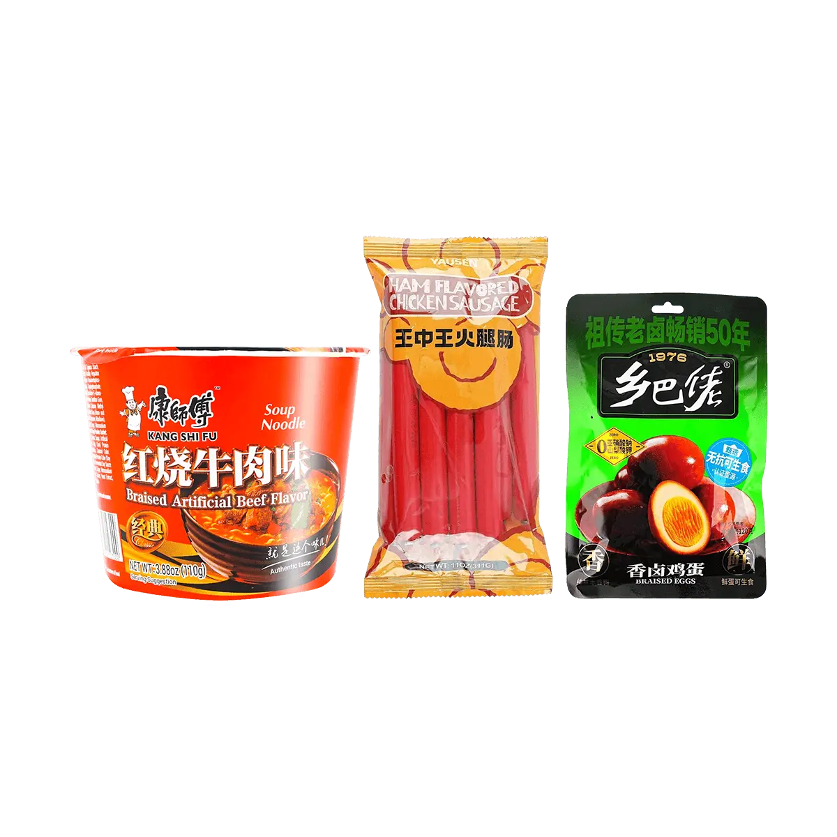 Master Kong Braised Beef Instant Noodles Bucket with Marinated Egg & King of Kings Chicken Sausage - Late Night Snack Combo