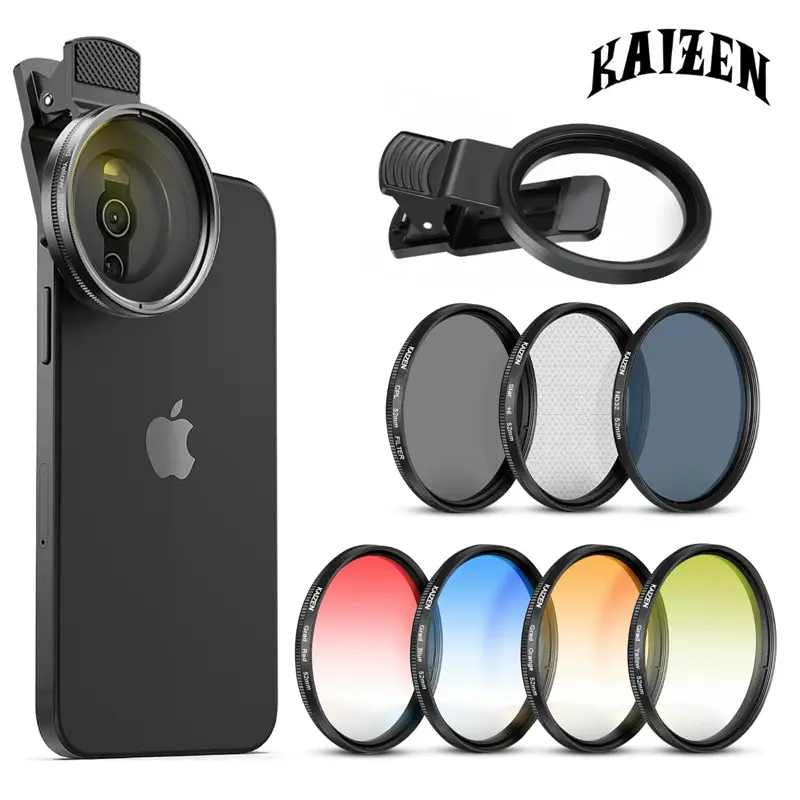 Kaizen Durable 9-Pack Camera & Smartphone Filter Lens Kit - 7 Filters, 1 Clip, 1 Case, Universal 52mm CPL Polarizing Star Gradient for Mobile Creators (iPhone, Samsung, Android) & DSLR Accessories