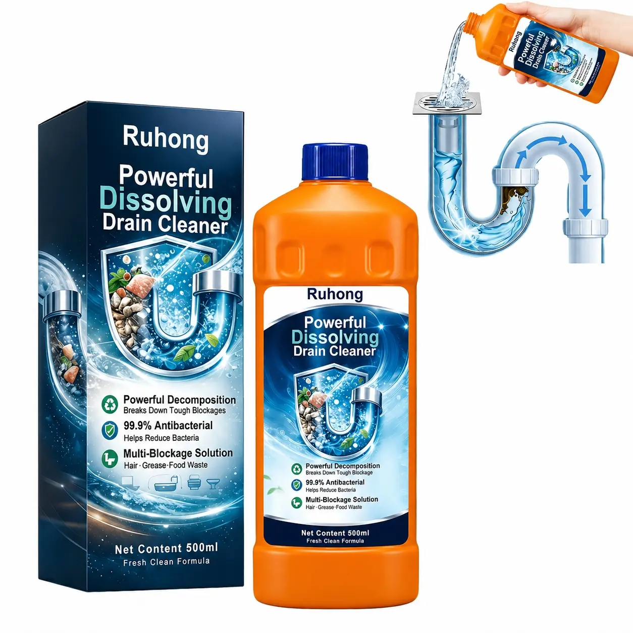 Liquid Drain Cleaner Powerful Drain and Pipe Unclogger Fast-Acting Removes Hair Grease & Buildup for Kitchen Sinks Shower Drains Bathroom Tubs Toilet 16.9 oz