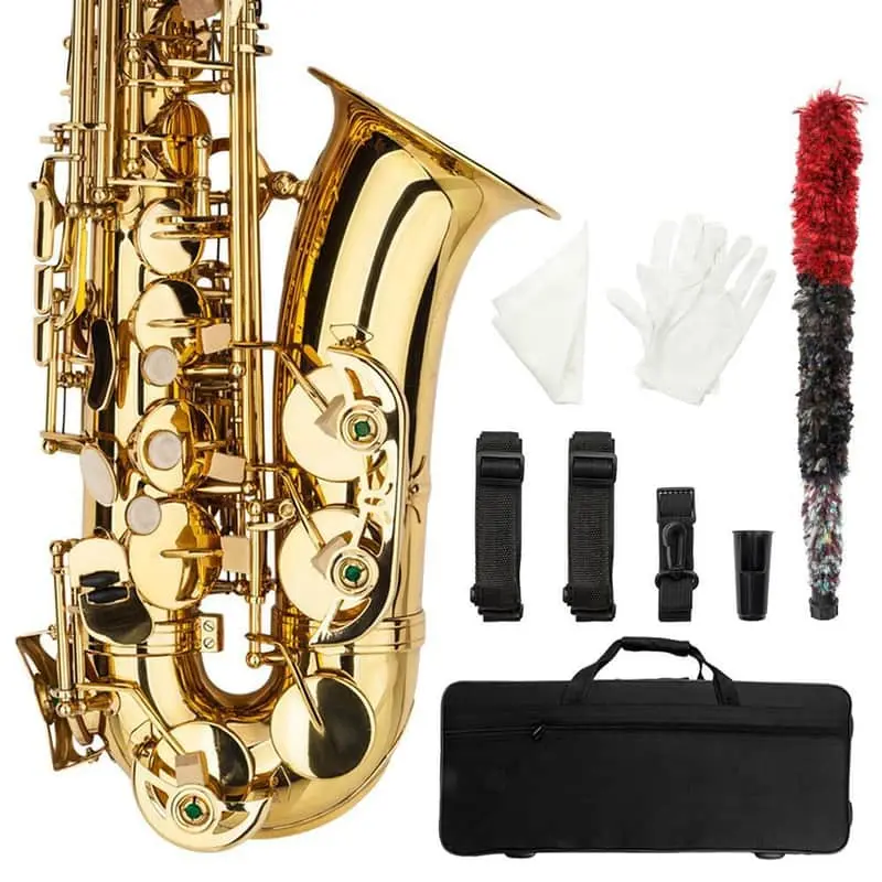 AS-100 Student Alto Saxophone – Gold Lacquer Brass Sax with Case, Stand, Mouthpiece & Care Kit