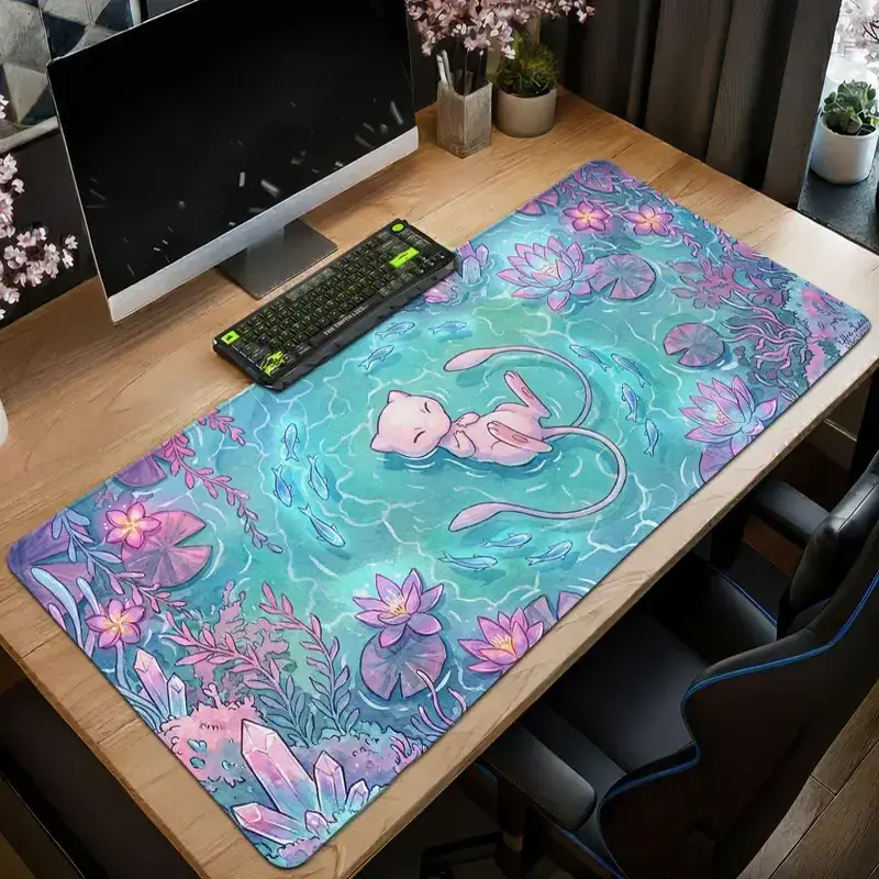 Meww Crystal Pond Mouse Pad Cute Gaming Desk Mat Anime Setup Mat, TCG CCG Playmat Anime Trading Card Game Mat Gaming Desk Setups