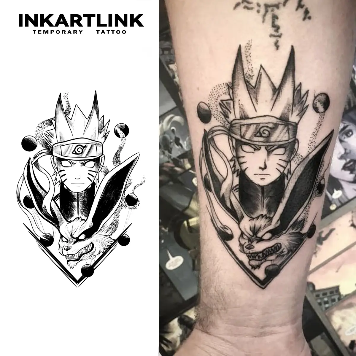 INKARTLINK 2-Sheet Naruto & Kurama Anime Temporary Tattoos, Ninja Uzumaki & 9-Tails Fake Stickers, Waterproof All Skin Types Body Art for Otaku, Temporary Tattoos Anime