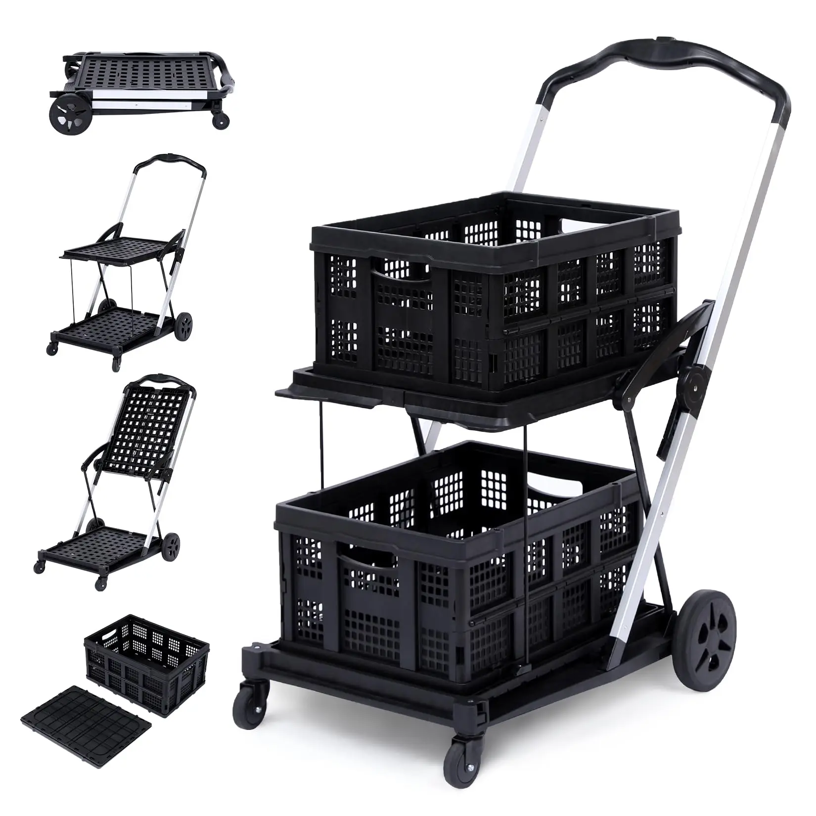 GARVEE 2-Tier Portable Collapsible Garden Cart | Heavy Duty 110lb Mobile Folding Trolley Hand Truck with 360° Swivel Wheels, Storage Crates for Groceries, Home Organization