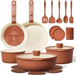 CAROTE 21-Piece Ceramic Cookware Set, Nonstick Pots and Pans Set with Detachable Handle, Non-Toxic Kitchen Cooking Set, Induction Compatible, Dishwasher & Oven Safe, Terracotta