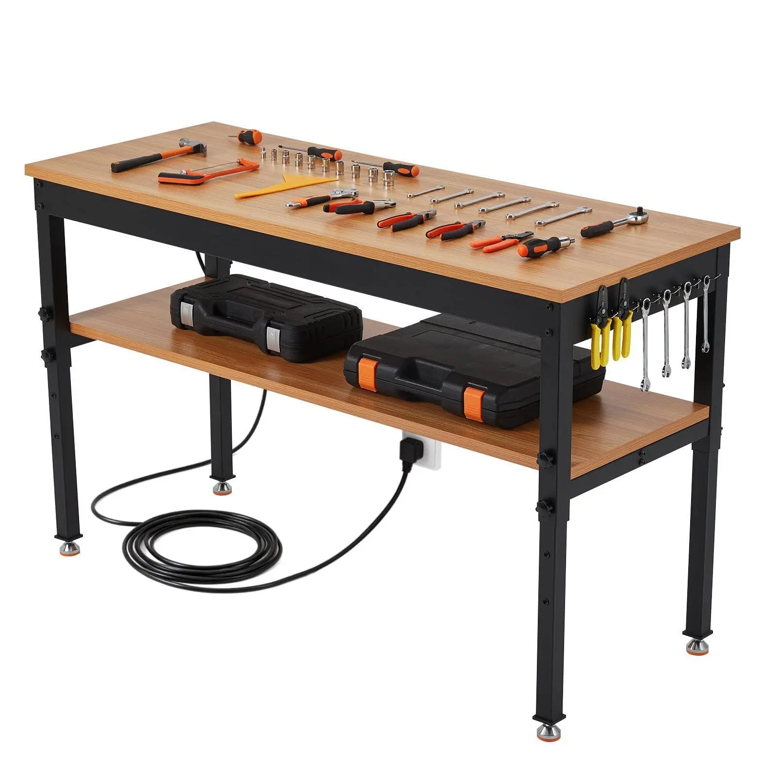 GARVEE 5 ft Heavy-Duty Workbench, 60x24 in Adjustable Work Bench with Storage Shelf, Built-in Power Strip & 5 ft Heavy-Duty Cord, 2500 lbs Load Capacity for Garage, Commercial Spaces