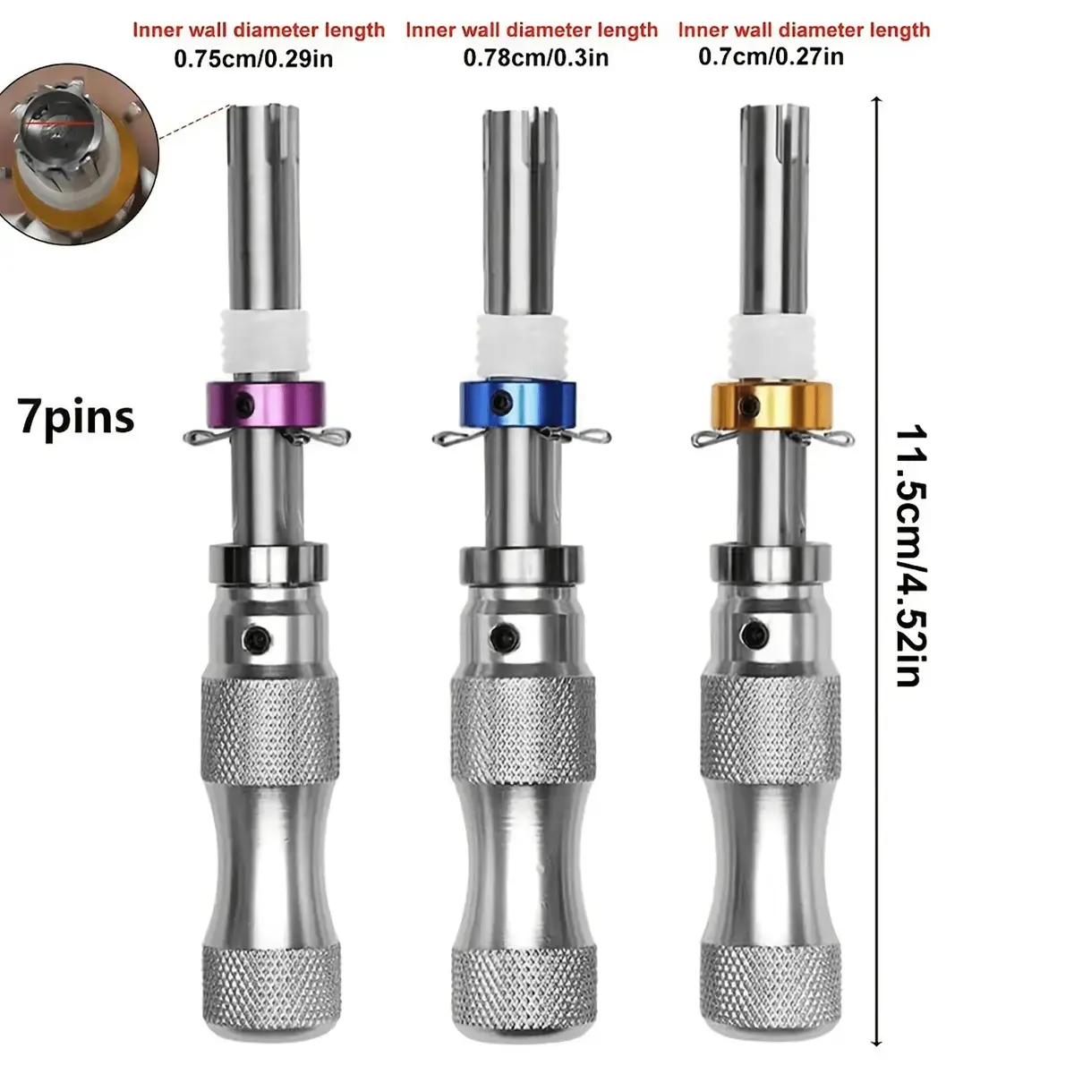 3 Pieces of 7-Pin Tubular Tools, Made of Stainless Steel, Three Sizes Suitable for Various Specifications, with Reset Function, Multi-Functional Hand Tool, Mechanical Tool Set, Hand Tool Kits