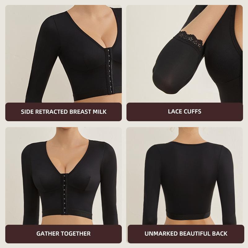 Women's Arm Shaper Tummy Control Post Surgery Arm Lipo Compression Long Sleeves with Lace Arm Front Zipper Closure Shapewear Bra