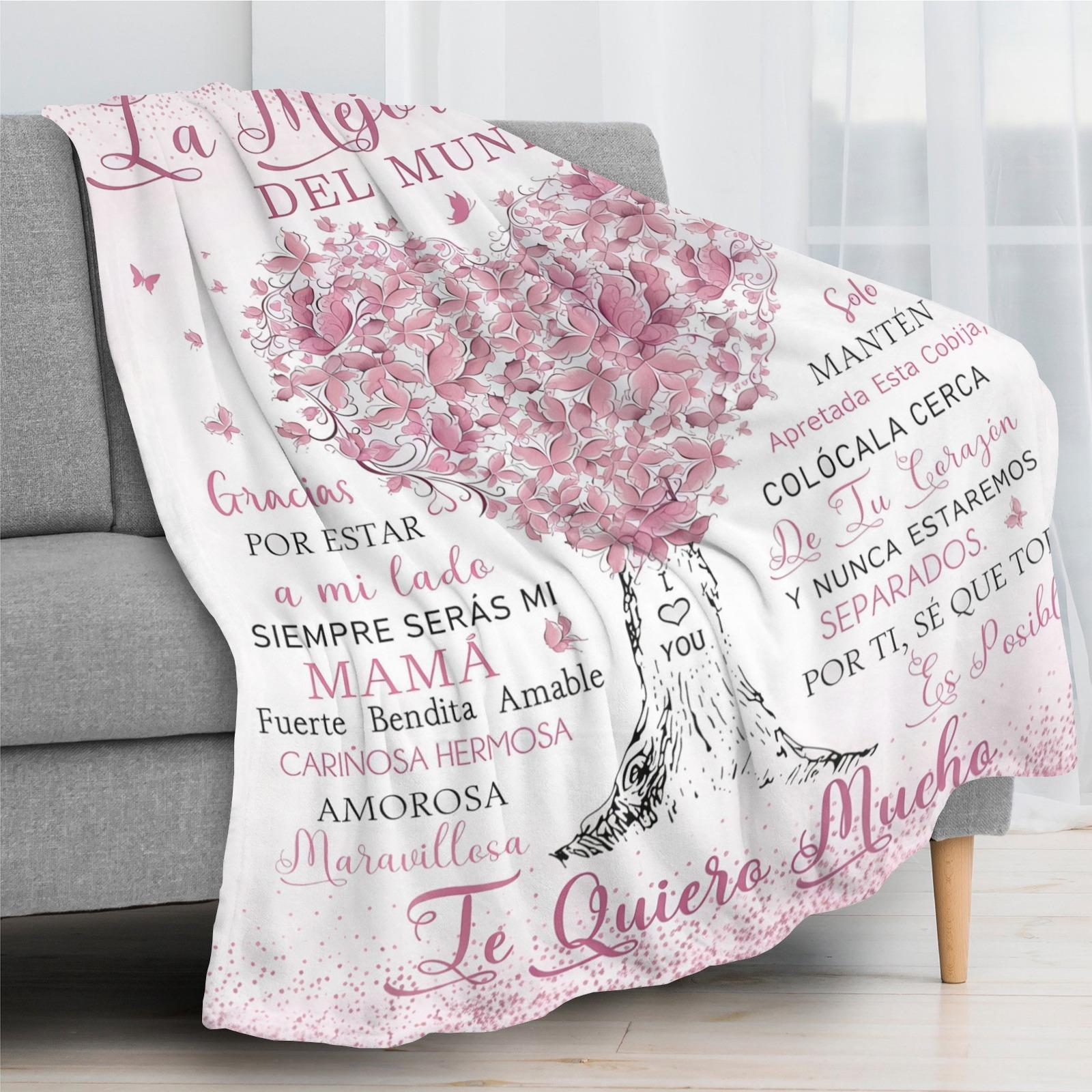 La Mejor Mamá Del Mundo Flannel Blanket Soft Cozy Spanish Language Gift Throw with Heartfelt Love Messages Pink Butterfly Tree Design Perfect for Gifting to Your Mom