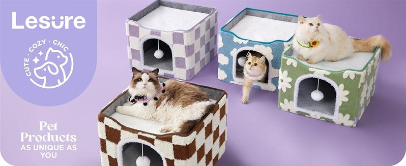 Lesure Indoor Cat Beds Kitten House - Large Cat Cave for Pet Cube with Fluffy Ball Hanging, Foldable Small Animal Hideaway, 16.5x16.5x13 inches,