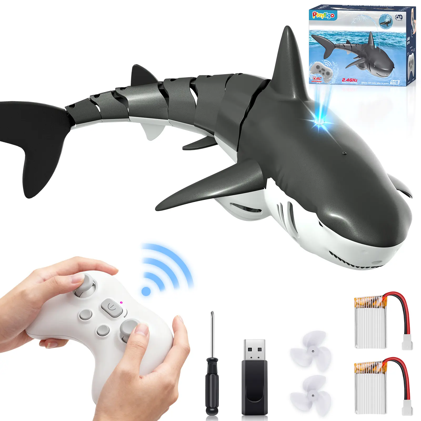 Remote Control Shark Spray Toys 1:18 High Simulation Scale Fish with Light for Lake Bathroom Pool 2.4g Electric RC Boat Gift,back to school