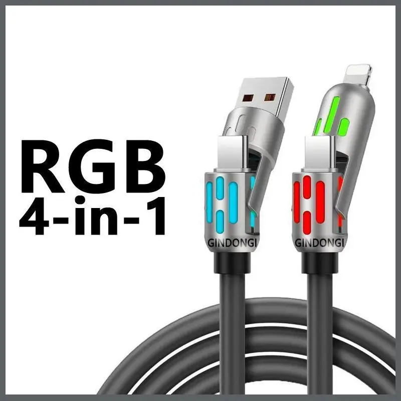 4-in-1 Universal Charging Cable, USB A/Type C/Lightning Multi Interface Cord, 240W Max Fast Charging & Data Sync, LED Breathing Light Design, Durable Charger Cable for All Smartphones, Tablets & More