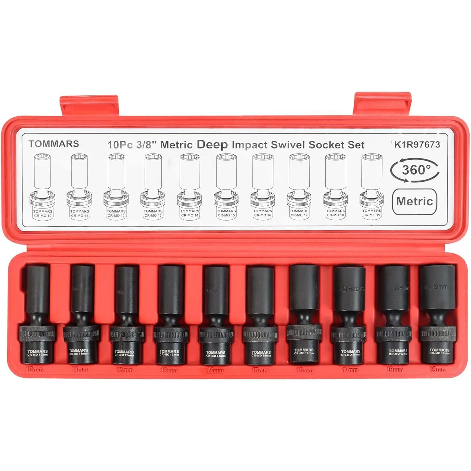 3/8" Drive Universal Swivel Impact Socket Set Deep, 6 Point Wobble Flexible Socket Set Metric 10-19 mm CR-MO Steel