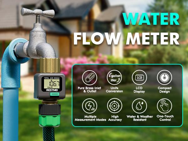 The RESTMO water flow meter measures water consumption (gallons/liter) and flow rate for RV water tank monitoring, lawn sprinklers, and nozzle sprinklers. It features brass inlet and outlet and measures water usage for outdoor garden hose watering.