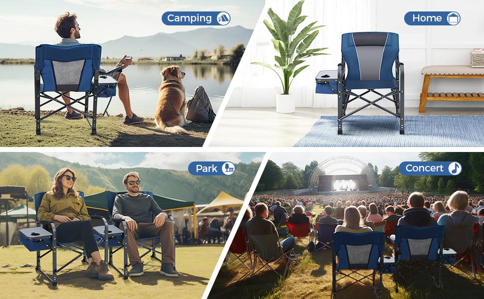 PHI VILLA 27” High Back Adjustable Camping Chair, 2-Position Reclining Folding Director Chair Supports 300lbs, Heavy Duty Outdoor Lawn Chair with Side Shelf