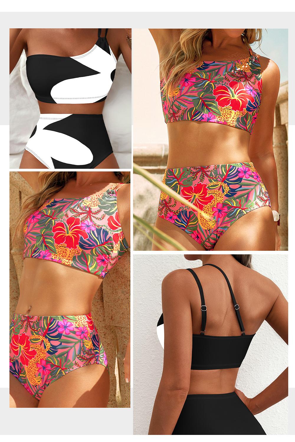 Aleumdr Women's High Waisted Bikini Sets One Shoulder Floral Print Swimsuits 2 Piece Tummy Control Bathing Suits SpringStatements Aleumdr Women's High Waisted Bikini Sets One Shoulder Floral Print Swimsuits 2 Piece Tummy Control Bathing Suits SpringStatements