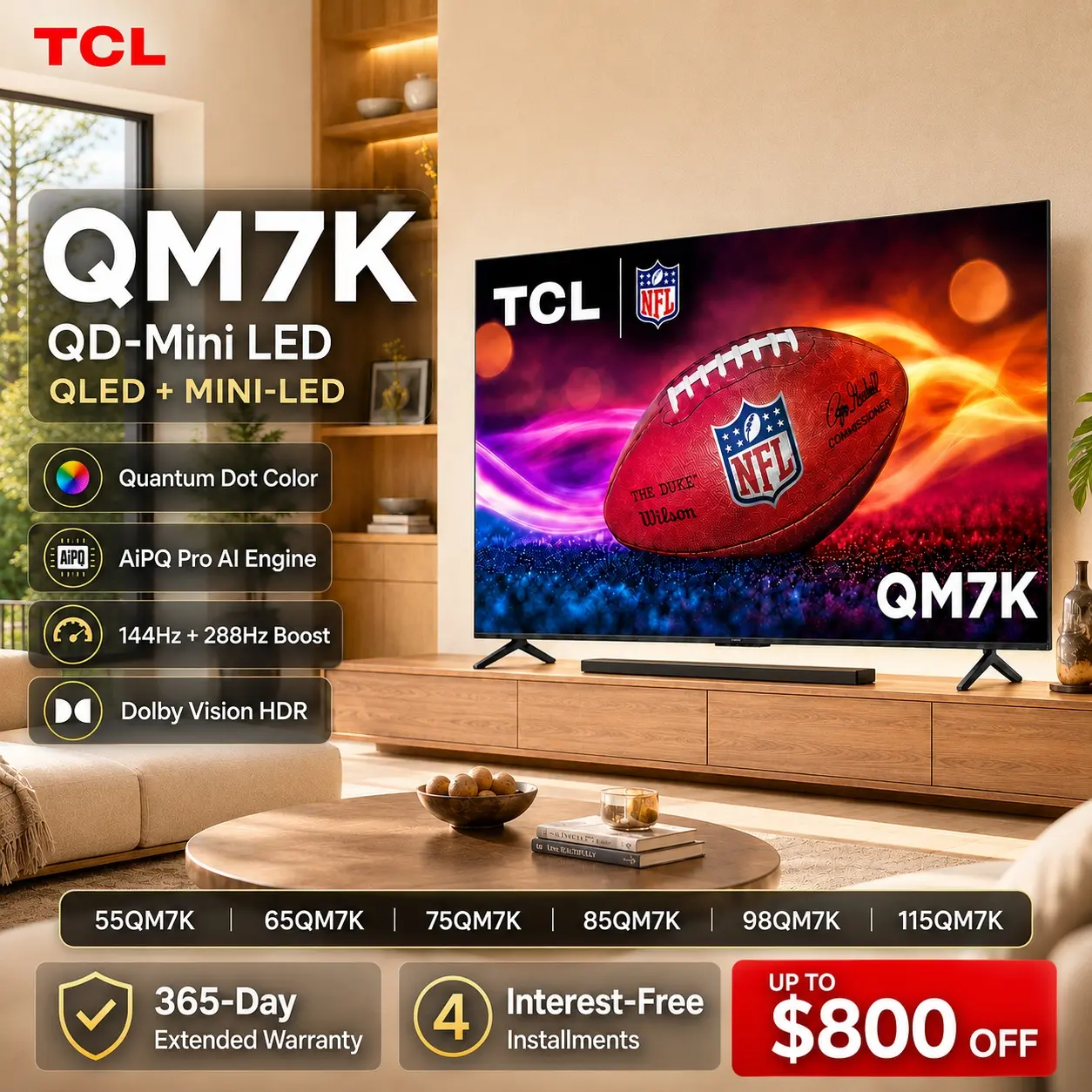 TCL QM7K Series 4K QD-Mini LED Smart TV with Google TV | New Halo Control System, 144Hz Native Refresh Rate, Local Dimming Ultra & High Brightness Ultra, Audio by Bang & Olufsen | 55"-98" tiktokshopbacktoschool
