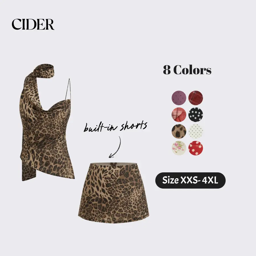 Cider Leopard Print Cami Top & Mini Skort Set with Scarf – Women's Sexy Y2K Party Holiday 2-Piece Outfit, Cowl Neck Ruched Slim Fit Matching Set for Summer Night Out SohoChic