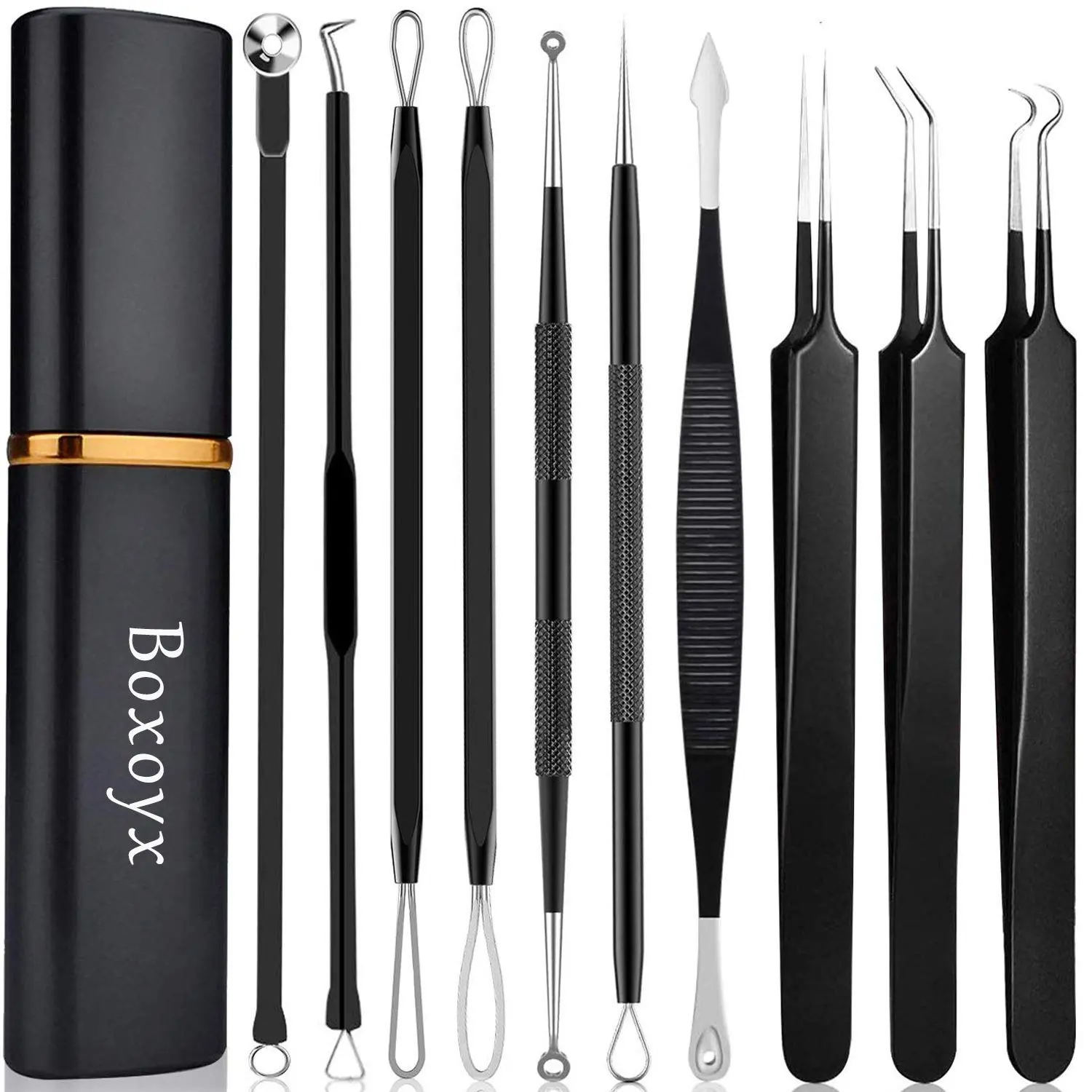 Pimple Popper Tool Kit - Boxoyx 10 Pcs Blackhead Remover Comedone Extractor Kit with Box for Quick and Easy Removal of Pimples, Blackheads, Zit Removing, Forehead,Facial and Nose