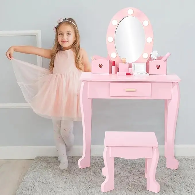Kids' Lighted Makeup Vanity Desk Set with Mirror, Stool, Wood Makeup Playset, Drawers for 4-9 Girls - Ideal for Bedroom, Playroom Dressing Use, Stool Chair