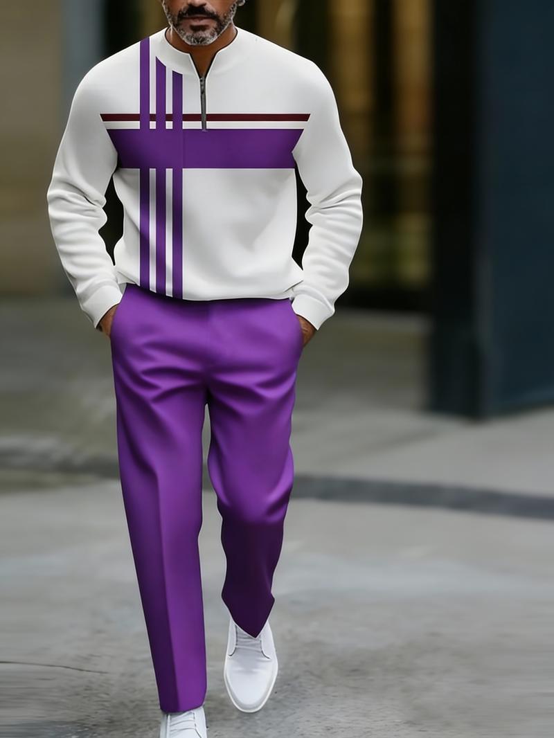 Half Zipper Fashion Casual Set with Trendy Personalized Stripe Design Simple Comfortable Versatile Sportswear Clothing