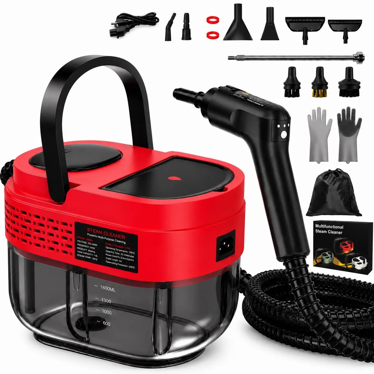 Handheld Steam Cleaner for Home, 2500W High Pressure Steam Cleaner for Car Detailing, 3 Steam Levels, 1600Ml Tank, High Heat Steamer for Bed Bugs, Couch, Furniture, Kitchen, Bathroom, Floors