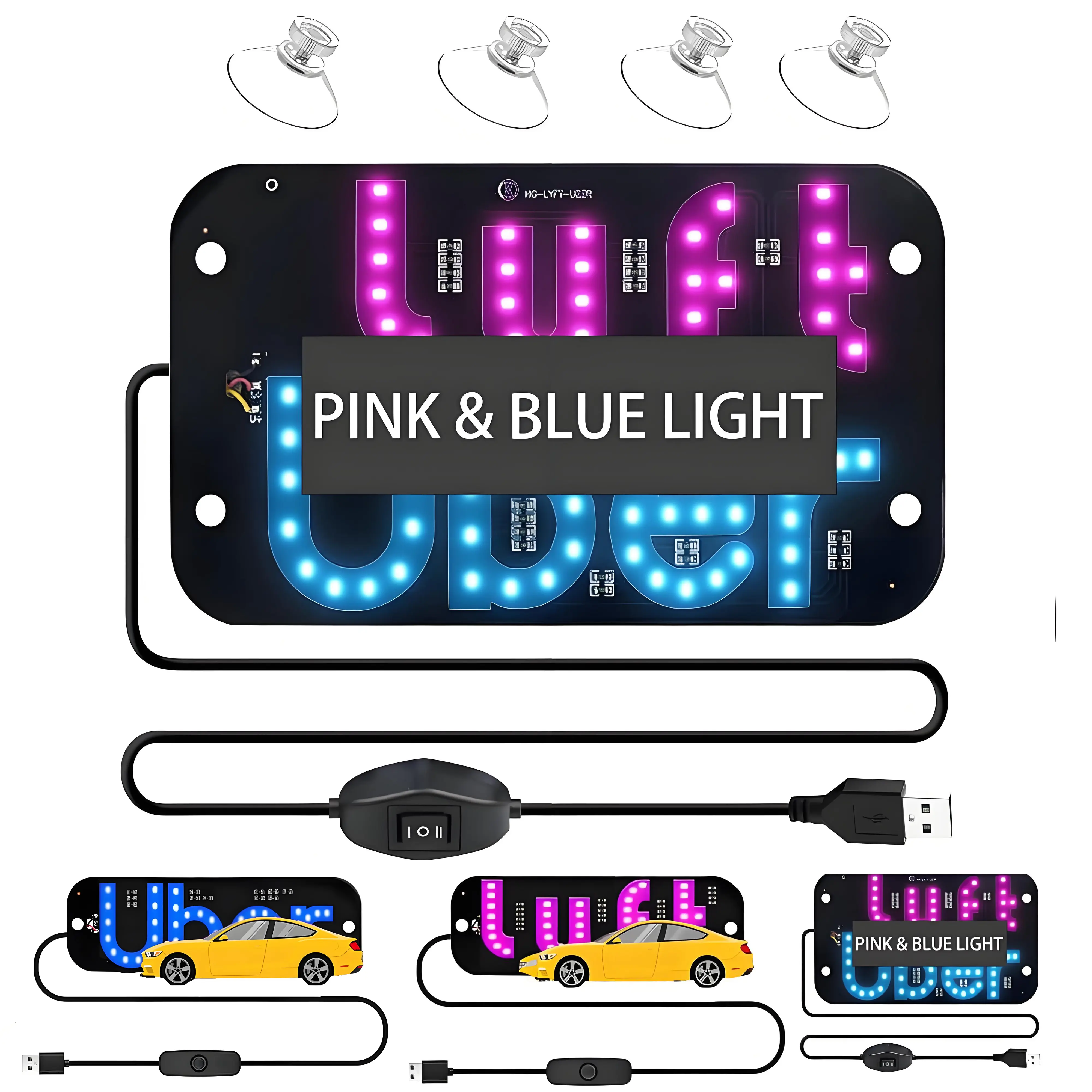 Car Interior LED Light Sign Decals with Suction Cups Universal USB Plug Pink/Blue Glow Bright USB-Powered Accessories for All Cars