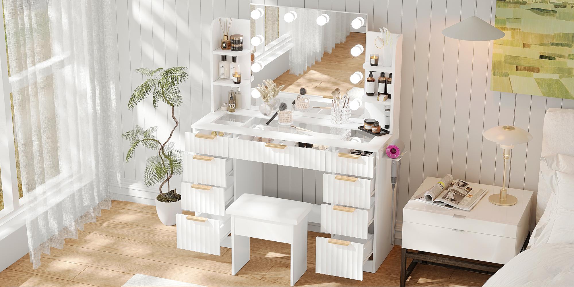 VOWNER Modern Vanity Desk with Mirror and Lights Makeup Vanity Desk with Drawers and Storage Shelves & Power Outlet Hair Dryer Rack Dressing Table with Glass Top