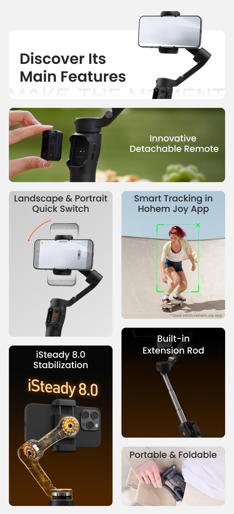 hohem iSteady X3 SE Plus Gimbal Stabilizer for iPhone, AI Facial Tracking,Smartphone Gimbal with Detachable Remote Control, Portable Foldable 3-Axis Phone Gimbal for Android & iPhone 17 ,Built-in Extendable Rod,Vlog Stabilizer,Cellphone&Selfie accessories