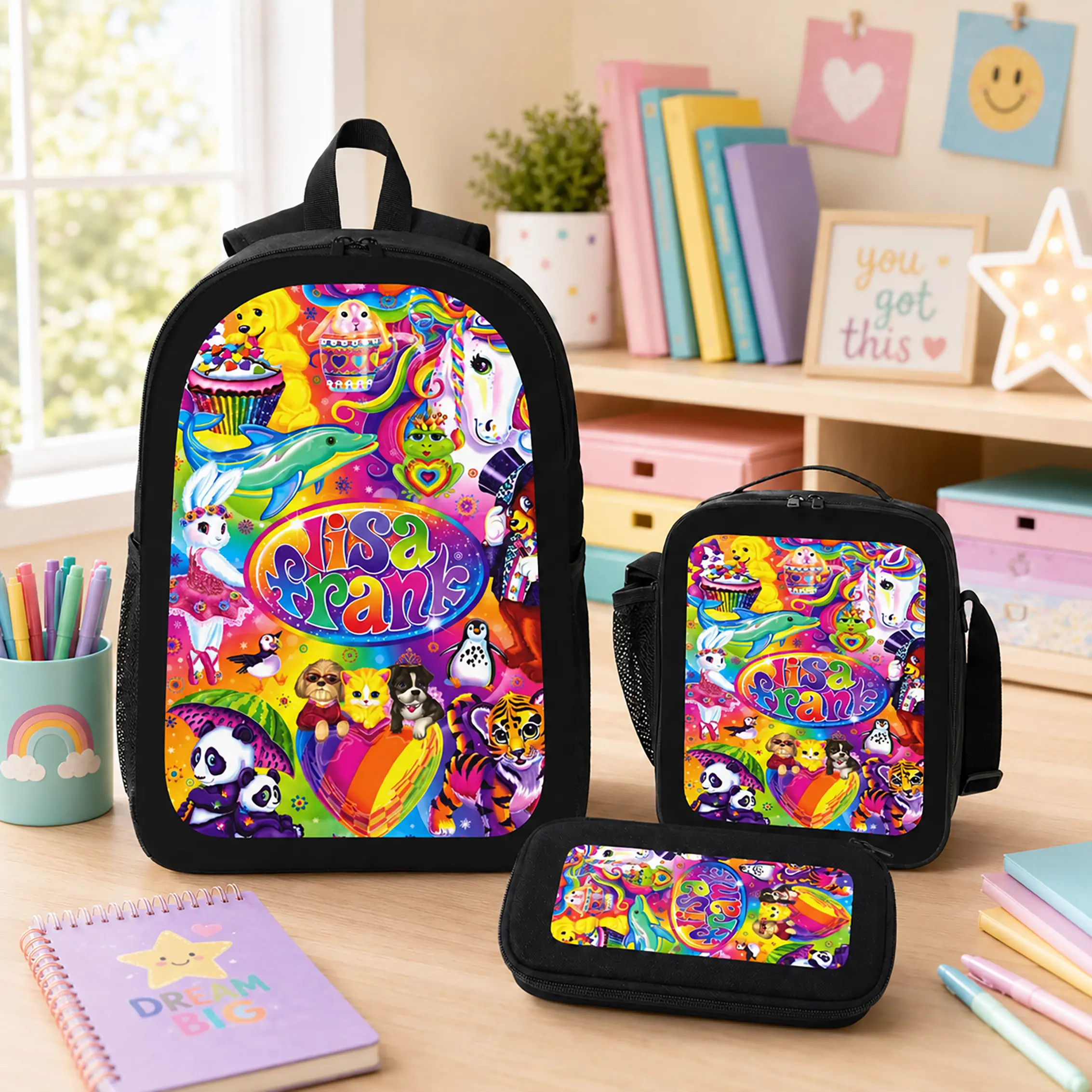 Lisa Frank 3 Piece Backpack Set Polyester Backpack Lunch Bag Pencil Case Large Capacity Lightweight Breathable Cartoon Anime Bookbag For Back To School Travel Daily Use Kids Girls Boys Teens Students
