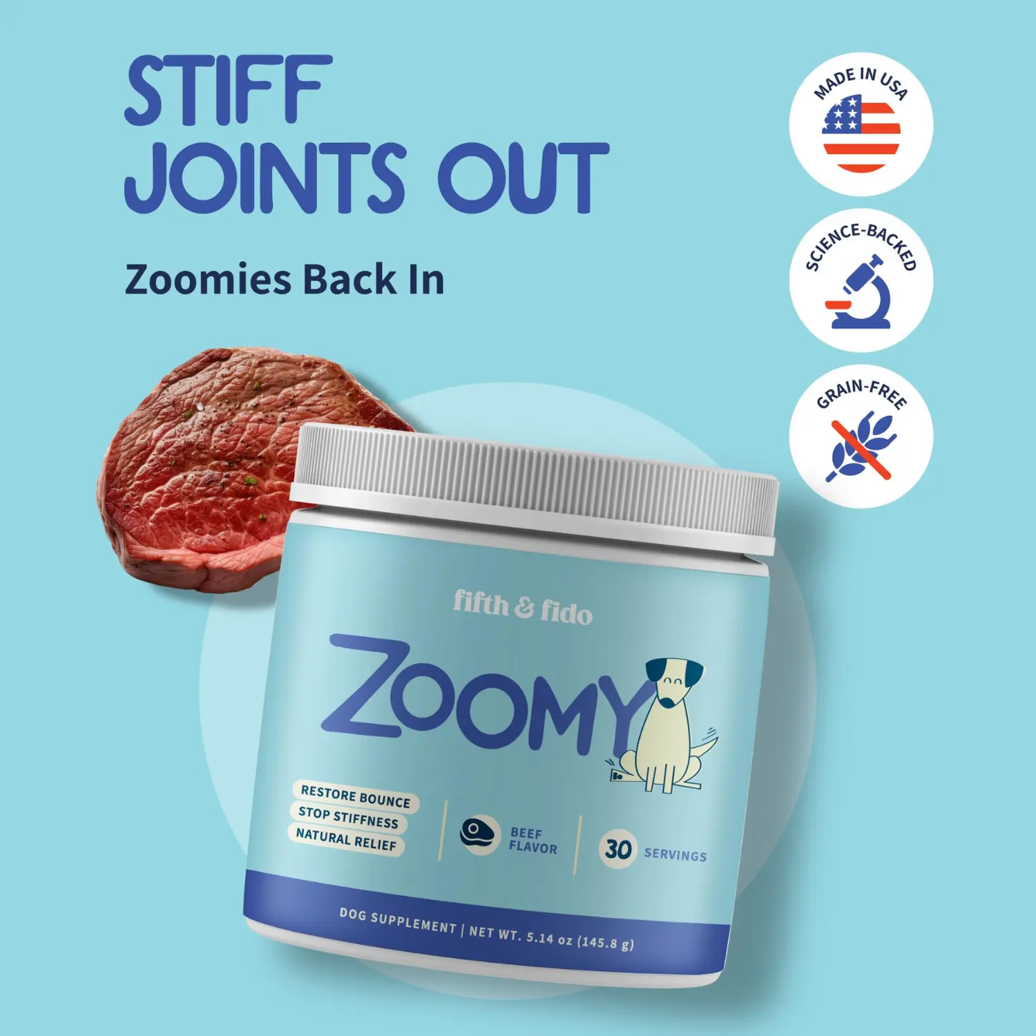 Fifth and Fido Zoomy Senior Dog Joint Powder - Beef Flavor Canine Nutritional Supplement, Mushroom-Powered Hip & Joint Support, Natural Mobility, Pain Relief Remedy, Turmeric, Boswellia, MSM+Glucosamine Aid, Simple Scoop, 30 Servings, 5.14 oz