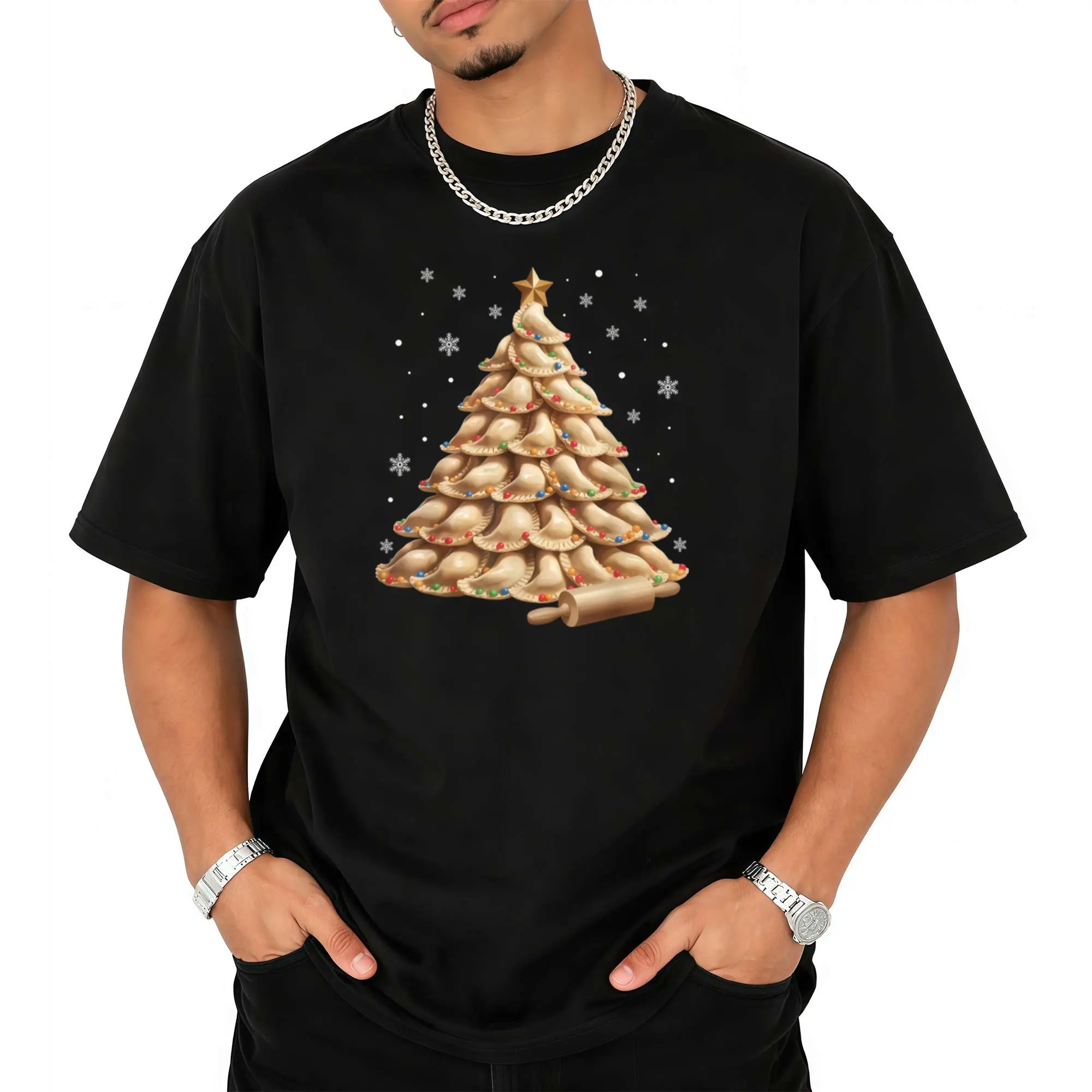 Humorous T-Shirt Featuring a Big & Tall Pierogi Tree, Perfect for Polish Christmas Cuisine. This Unisex Casual Tee Has a Round Neck And Short Sleeves, Showcasing a Festive Dumpling Design. It Offers a Bit of Stretch