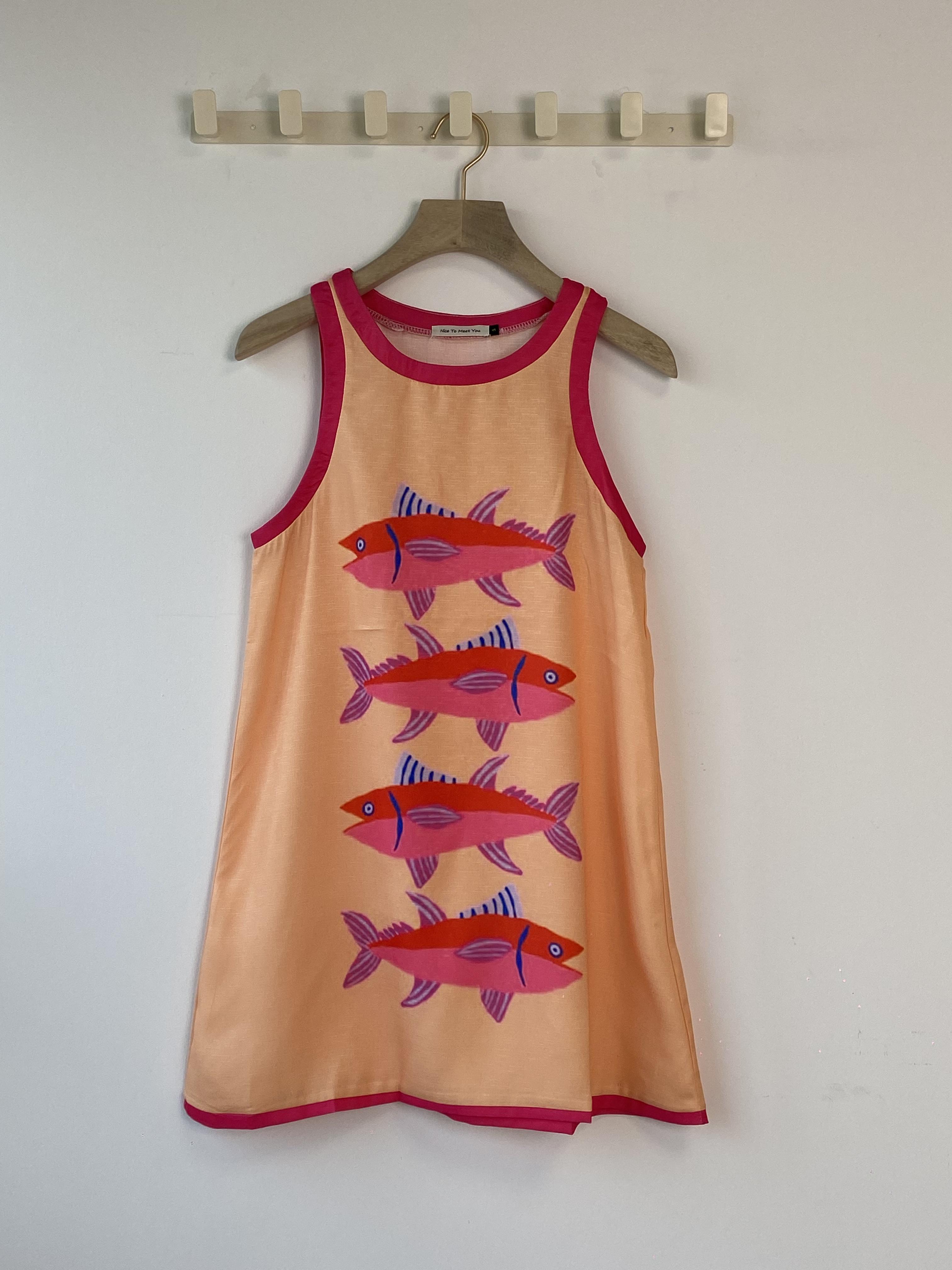 Holiday Fish Print Sleeveless Mini Dress, Pop Style Prints, Cute and Playful Dress, Summer Comfortable Women's Clothing #SpringStatements