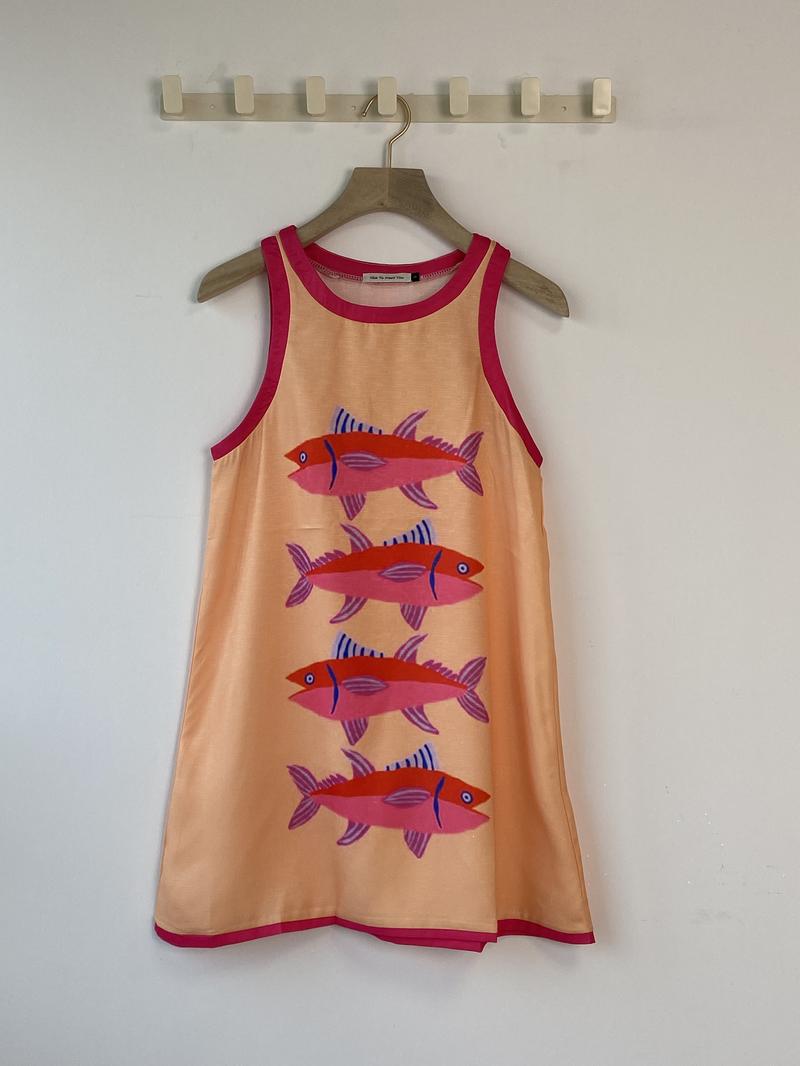 Holiday Fish Print Sleeveless Mini Dress, Pop Style Prints, Cute and Playful Dress, Summer Comfortable Women's Clothing