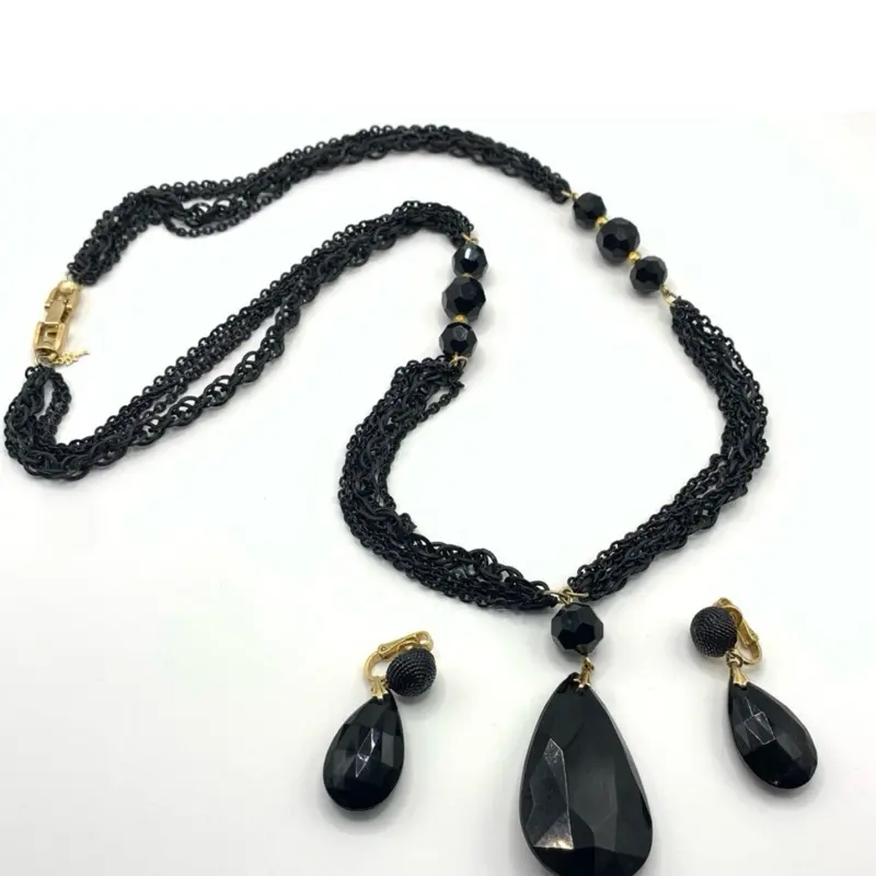 Crown Trifari Necklace Black Beaded Faceted Teardrop Pendant & Earrings