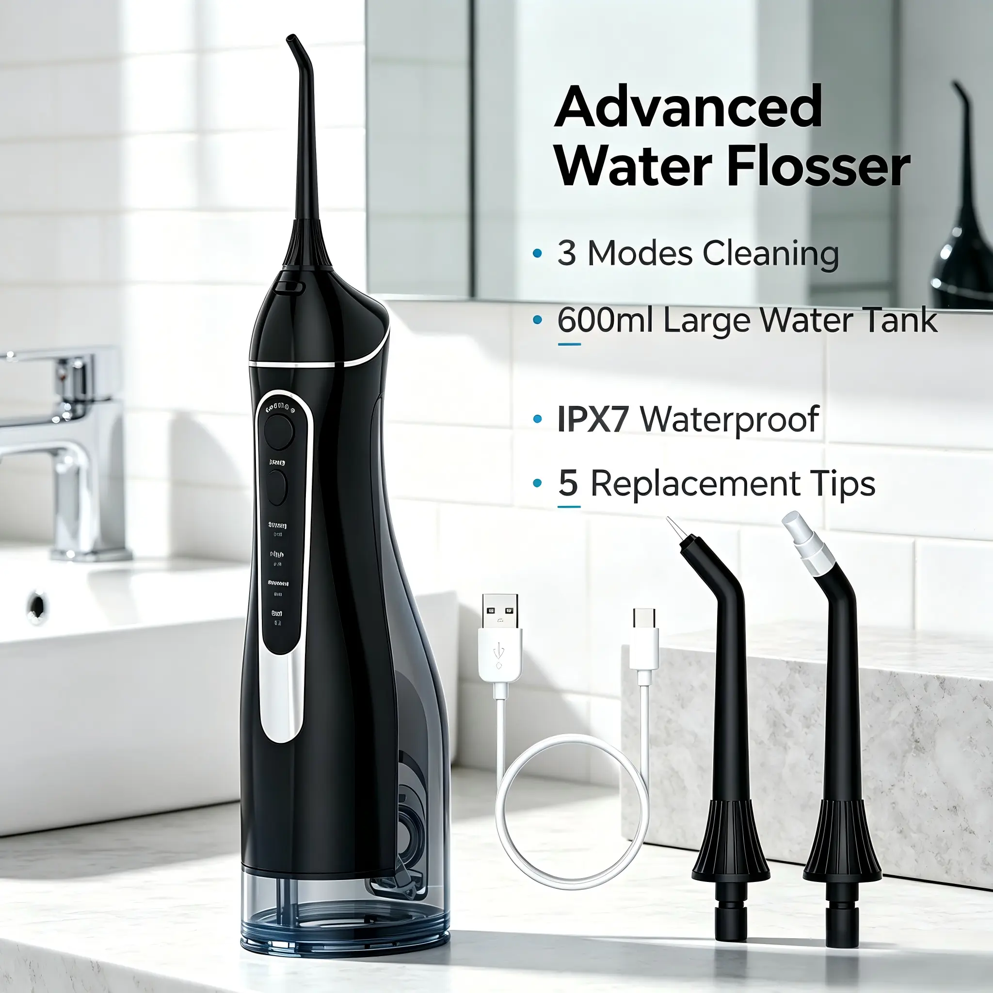 Cordless Water Flosser for Deep Cleaning, USB-C Rechargeable Oral Irrigator with 5 Jet Tips & 4 Modes for Braces, Business Trips & Sensitive Gums, Waterproof, 1 Orthodontic Tip, Oral Care, Teeth Cleaner Kit