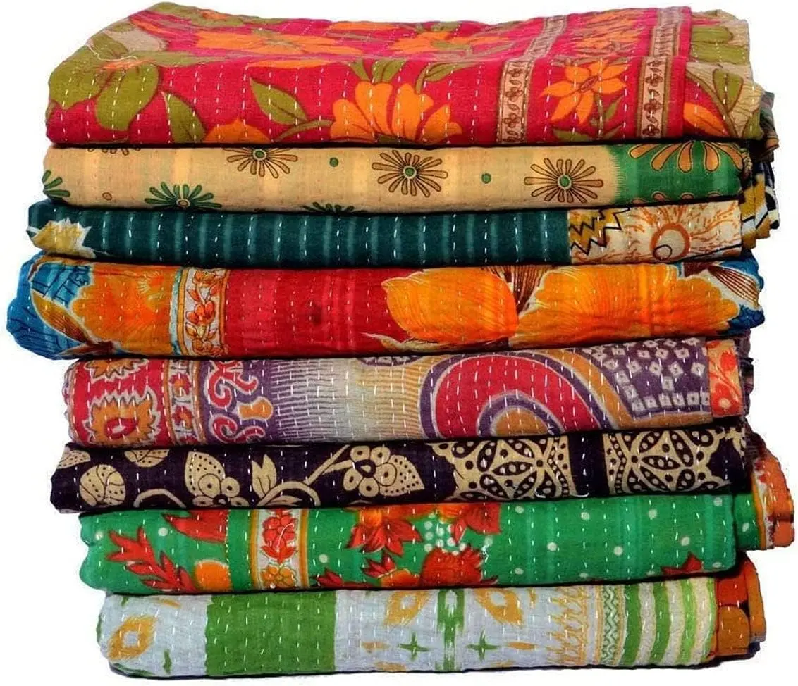 Wholesale Indian Vintage Handmade Kantha Quilt Throw Blanket - Reversible, Cooling, Breathable, Wrinkle-Resistant Printed Cotton Bedspread, Large Lightweight Soft Cozy Decorative Blanket, Assorted Colors, 85x55in (216x140cm), Lot (1), Soft Blanket Throw,