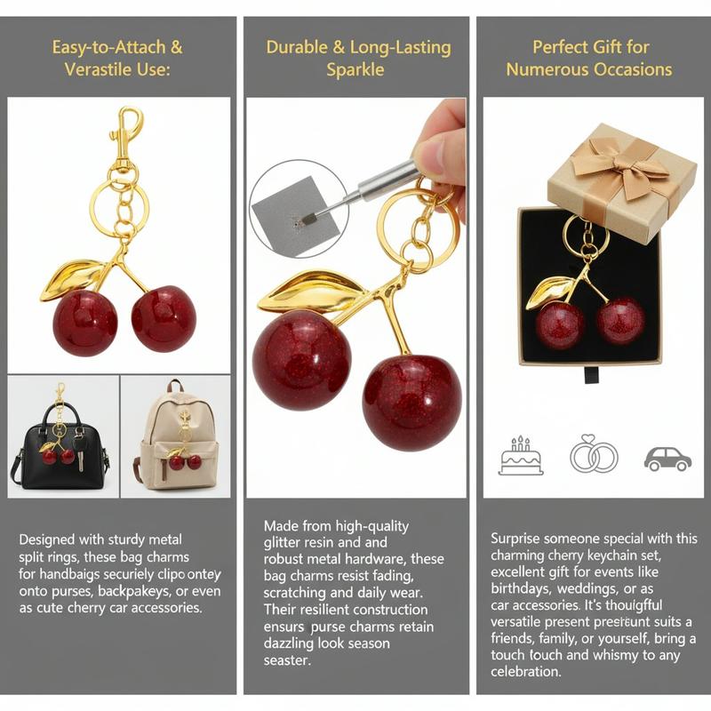Cherry Themed Keychain and Bag Charms are cute accessories for handbags purses and car keys ideal for gifting to women and fashion lovers
