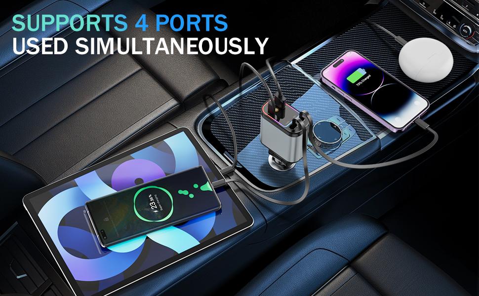 Car Charger with Starlight, 4 in 1 Retractable 66W USB C Car Charger with 2 USB Ports, Fast Car Charger Compatible with  iPhone 16 and Android
